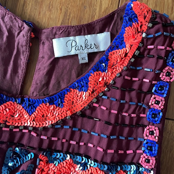 Parker Allegra Sequin Beaded Multicolor Cocktail Dress in Claret  XS - Picture 6 of 9